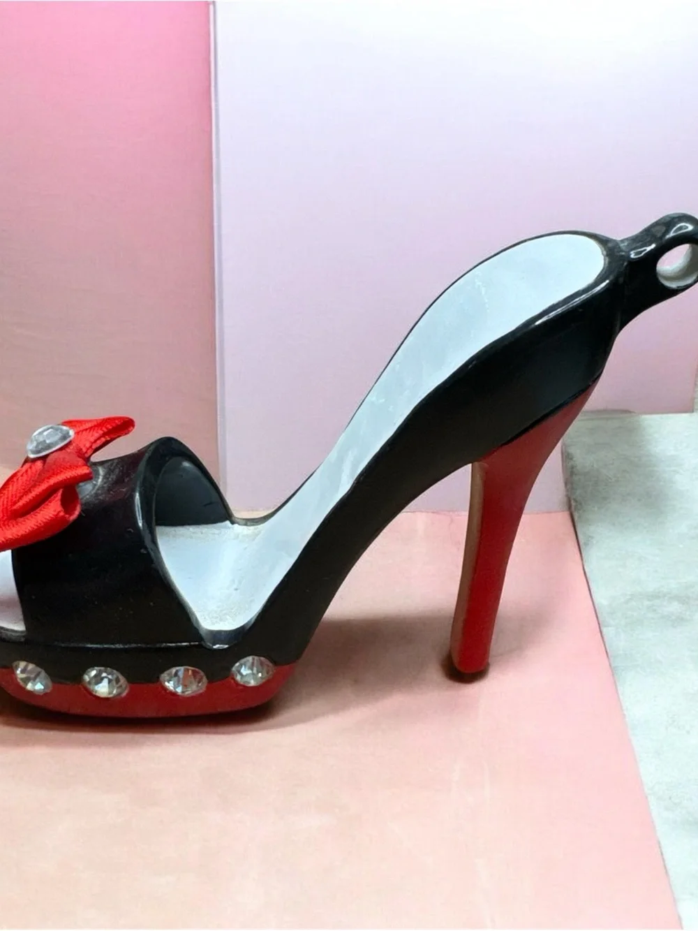 Black and Red High Heel Sandal Ornament with Decorative Bow